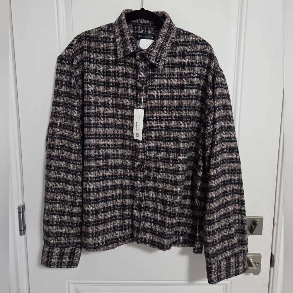 NWT - Zara Men's Soft Textured Checked Flannel Overshirt - Size L